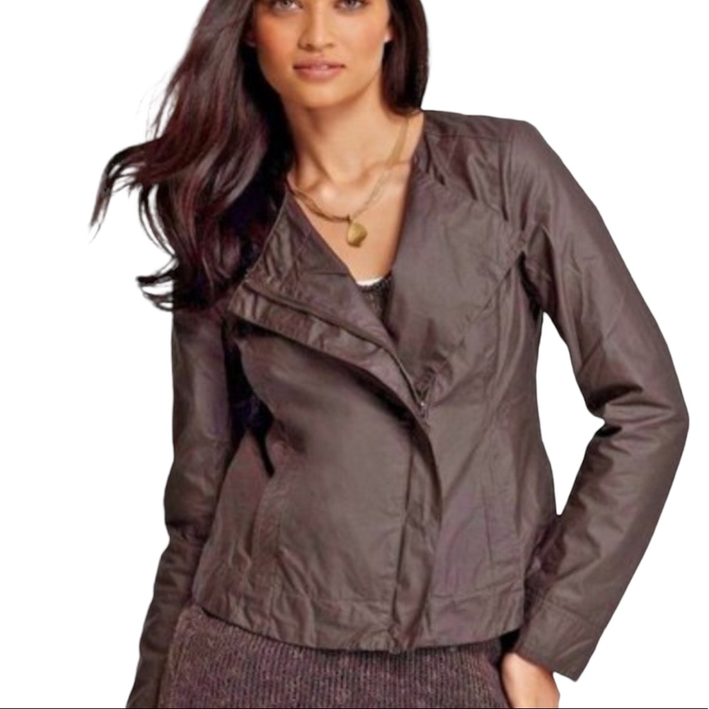 Eileen Fisher Moto Spring Jacket Coat Lined Zip Front Brown Waxed Cotton Small